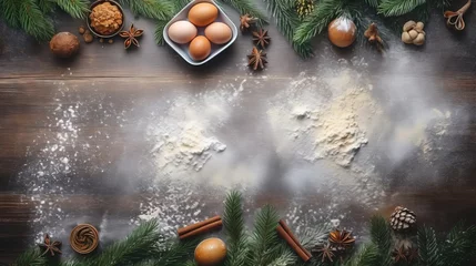Afwasbaar fotobehang Christmas baking ingredients with fir tree decoration Flour brown sugar eggs spices Top view bakery background © vxnaghiyev