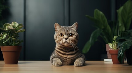 Confused Exotic Shorthair Cat sitting by a plant giving grumpy expressions staring beyond the camera - obrazy, fototapety, plakaty