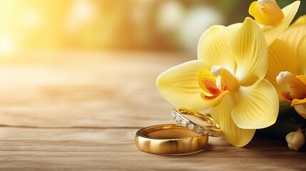 Golden wedding rings and yellow orchid on a wooden table Wedding honeymoon proposal Valentine s in hot places Empty area