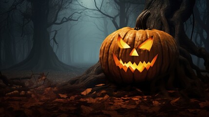 A bright pumpkin in a spooky forest on Halloween