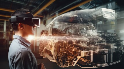 AR glasses technology and engineering marketing concept AR glasses with repair service application and 3D rendering of energy block 360 degree view and blurred car engine room background
