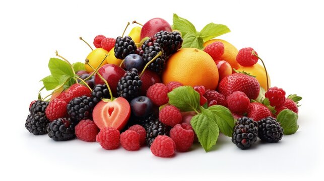 Assortment of fruits and berries on white background