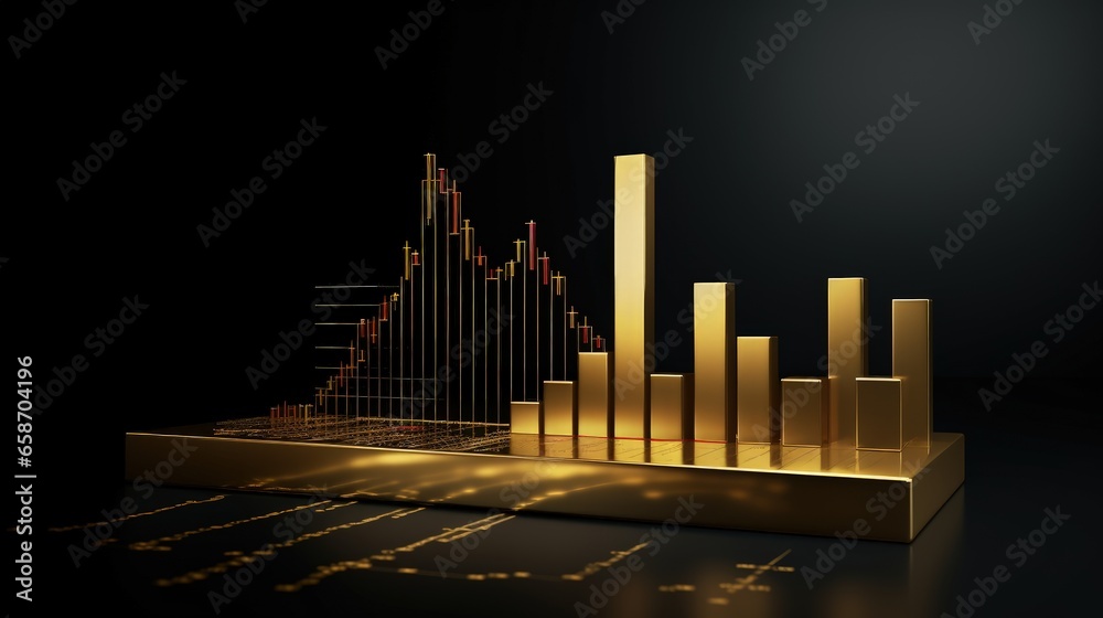 Poster 3d chart with golden finance theme on dark background