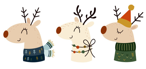 Retro groovy Christmas deers clipart in pastel colors. Cartoon festive character design. Holiday hand drawn vector illustration