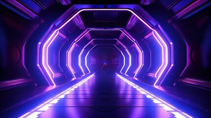 Illustration of futuristic spaceship corridor with neon glow on blue and purple background for advertising showroom technology and modern interior