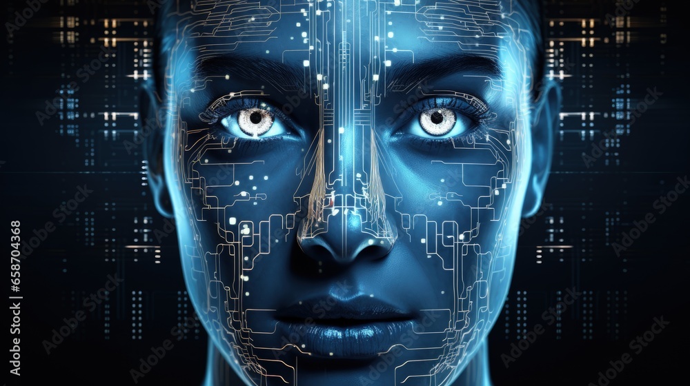 Poster ai generated 3d human face illustrating big data or cyber security concept