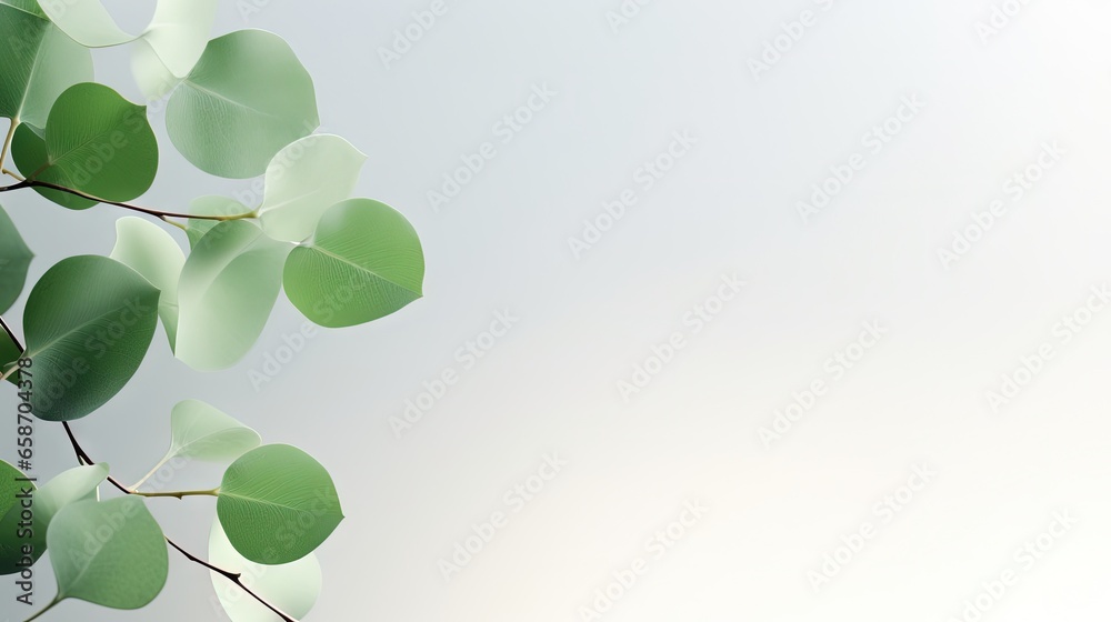 Poster eucalyptus branch with shadows on light background suitable for product presentation or cosmetic adv