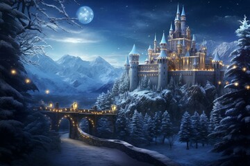 Digital illustration of a frozen light castle in Christmas garland on a winter night hill, with a historic medieval fortress in the background. Generative AI