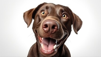 Funny chocolate color labrador having fun isolated on white background
