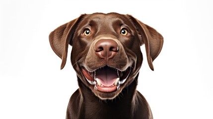 Funny chocolate color labrador having fun isolated on white background
