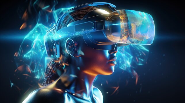 3D rendering illustration of virtual reality glasses transferring data on a futuristic gaming background