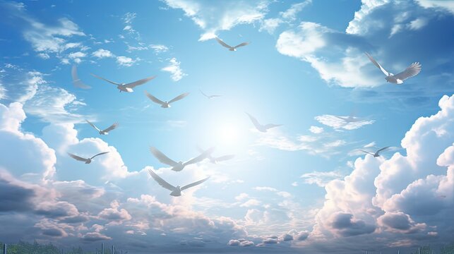 Horizontal composition of flying doves with a blue sky clouds and a cross s glare