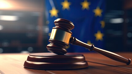 EU flag behind judge s wooden gavel in 3D representation Regional judiciary