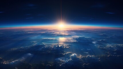 Earth s view against a blue sunrise from space