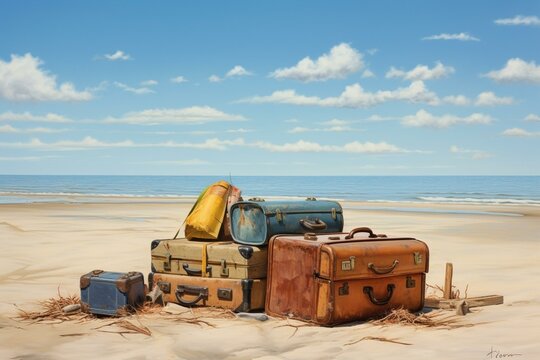 luggage on sandy shore. Generative AI