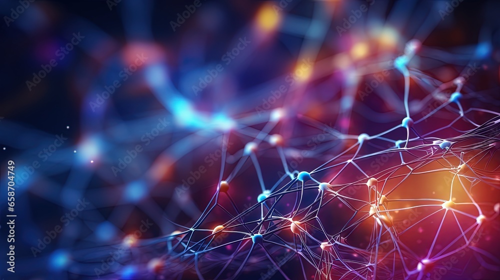 Poster Colorful background with bokeh effect depicting global AI and big data concept using a neural network 3D illustration