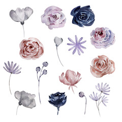 Watercolor boho flowers set