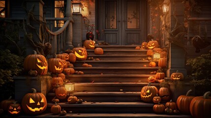 Autumn themed stairs with spooky pumpkin decorations at a house entrance during Halloween - obrazy, fototapety, plakaty