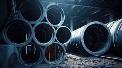 Installing sewer pipes for external sewage at construction site using tunnel boring machine in storm sewer collector for underground sewer pipe and drainage system construction