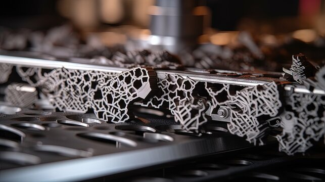 Close up of metal 3D printed object Utilizing laser sintering machine Modern technology for additive 3D printing with metal powder