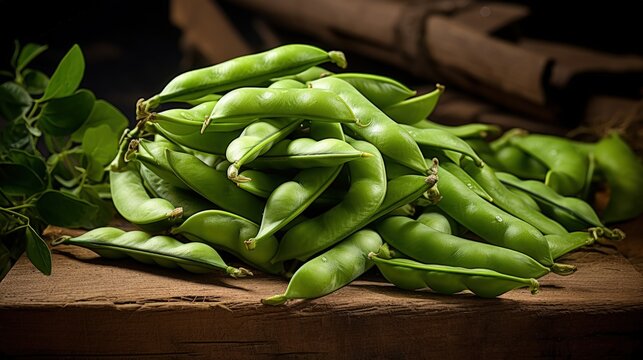 Close up of fava beans on a wooden background from garden to table in spring