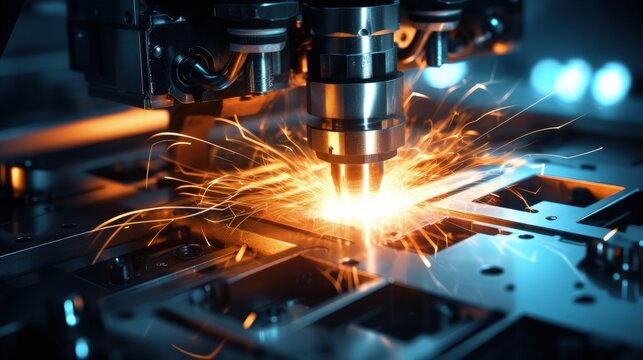 Industrial technology concept with modern CNC laser technology engraving and cutting heavy metal with light spark