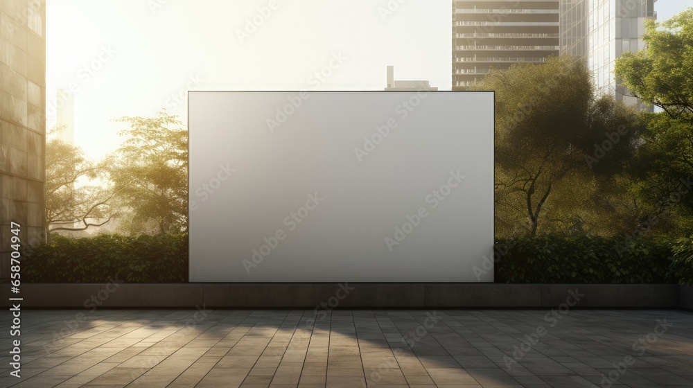 Poster Empty black poster on concrete building with trees and sunlight in the background Mock up
