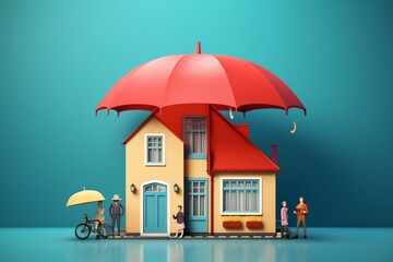 Concept of protecting house and family with insurance coverage symbolized by umbrella. Generative AI