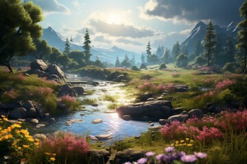 Timelapse scenery with wetlands, gardens, flowers, fields, forests, waterfall, mountains. Generative AI