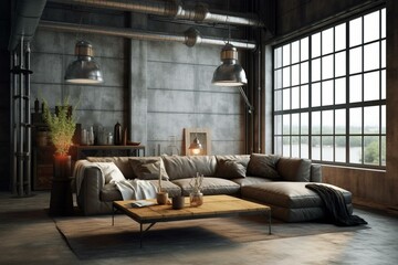 Modern industrial living room. Generative AI - obrazy, fototapety, plakaty