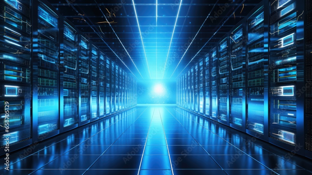 Aufkleber Blue lit server room in a datacenter represents the business concept of modern web and internet technology big data storage and cloud computing