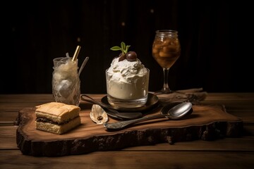 a dessert with frozen dessert on top and silverware beside it on a wooden dish, with additional silverware and a container of frozen dessert on the table next to it. Generative AI