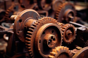 Detailed view of worn-out gears in an empty factory filled with rust and neglect. Generative AI