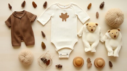 Obraz premium Baby and newborn clothing white bodysuits and neutral beige brown accessories Eco friendly wooden toys on light background top down flat lay