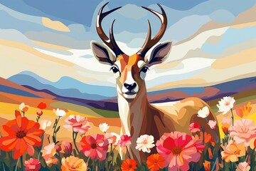 Colorful antelope in flower field. Perfect for print, card, spring themes. Generative AI - obrazy, fototapety, plakaty