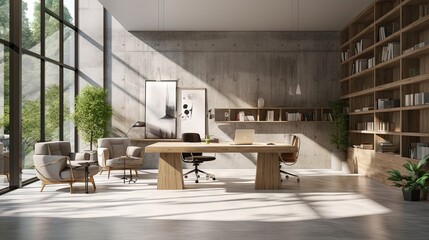 Eco themed interior with sunny open space and light grey furniture wooden wall and concrete floor