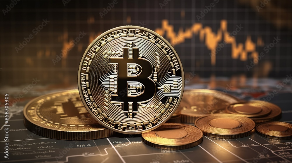 Poster chart displaying bitcoin quotes and a risk sign represents the business tech concept