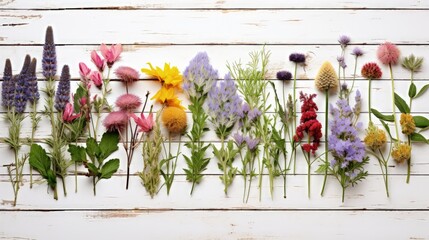 Extensive assortment of flowers and herbs for herbal medicine on distressed white wood background