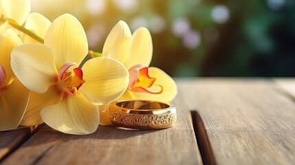 Fototapeta na wymiar Golden wedding rings and yellow orchid on a wooden table Wedding honeymoon proposal Valentine s in hot places Empty area