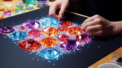 Fototapeta premium Creating and gathering acrylic multicolored square rhinestones for 3D paintings manually