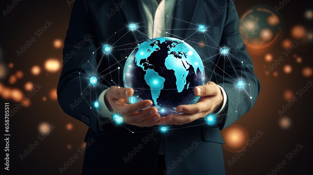 Poster businessman utilizing networking technology and cloud computing for online connectivity and data ana