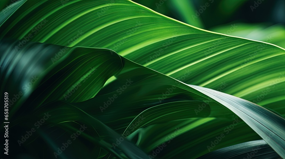 Poster close up of a green tropical plant with flowing lines of leaves creating an abstract natural floral 