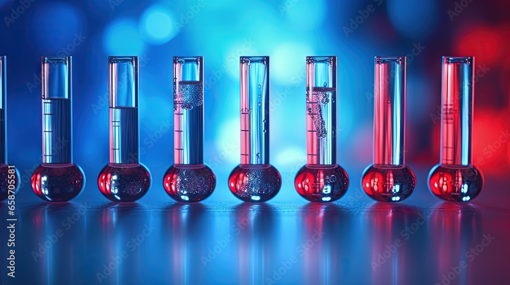 Aufkleber Close up macro photograph of a row of test tubes in a medical or science lab with a droplet being dropped into one against a blue and red background