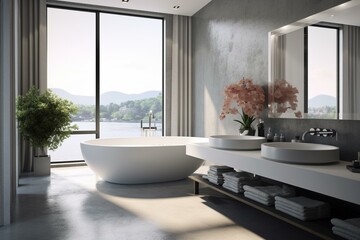 Elegant bathroom featuring a large modern bathtub and a window, with a contemporary concrete design. Generative AI