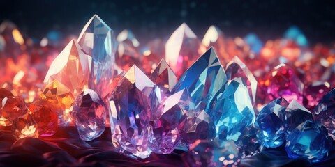 Colorful crystals, precious stones, glowing gems, close-up of magical crystals, shimmering composition with vibrant gemstones, enchanted stones.