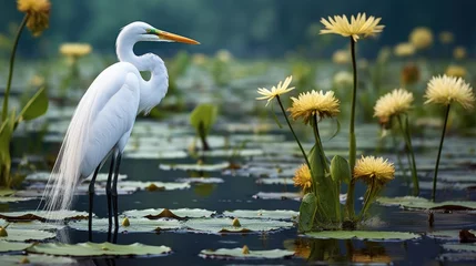 Foto op Plexiglas Great Egret in marsh water among white blooming water lilies at Lacassine Wildlife Refuge Louisiana © vxnaghiyev