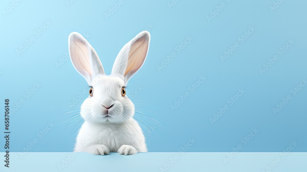 Poster 3d rendering of a pastel blue background with a white rabbit ear for easter day
