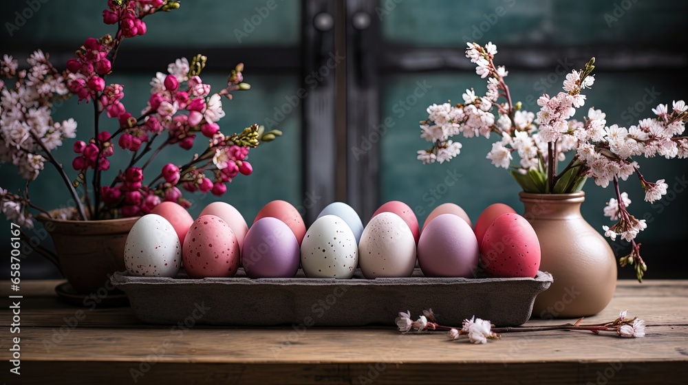 Poster Festive Easter display with eggs blossoms and rustic vibes