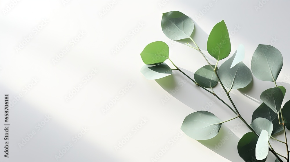 Poster eucalyptus branch with shadows on light background suitable for product presentation or cosmetic adv