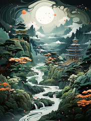 Chinese Traditional Landscape Illustration,Fantastical Landscape: A Dream-Like Mountainous Region,landscape with mountains